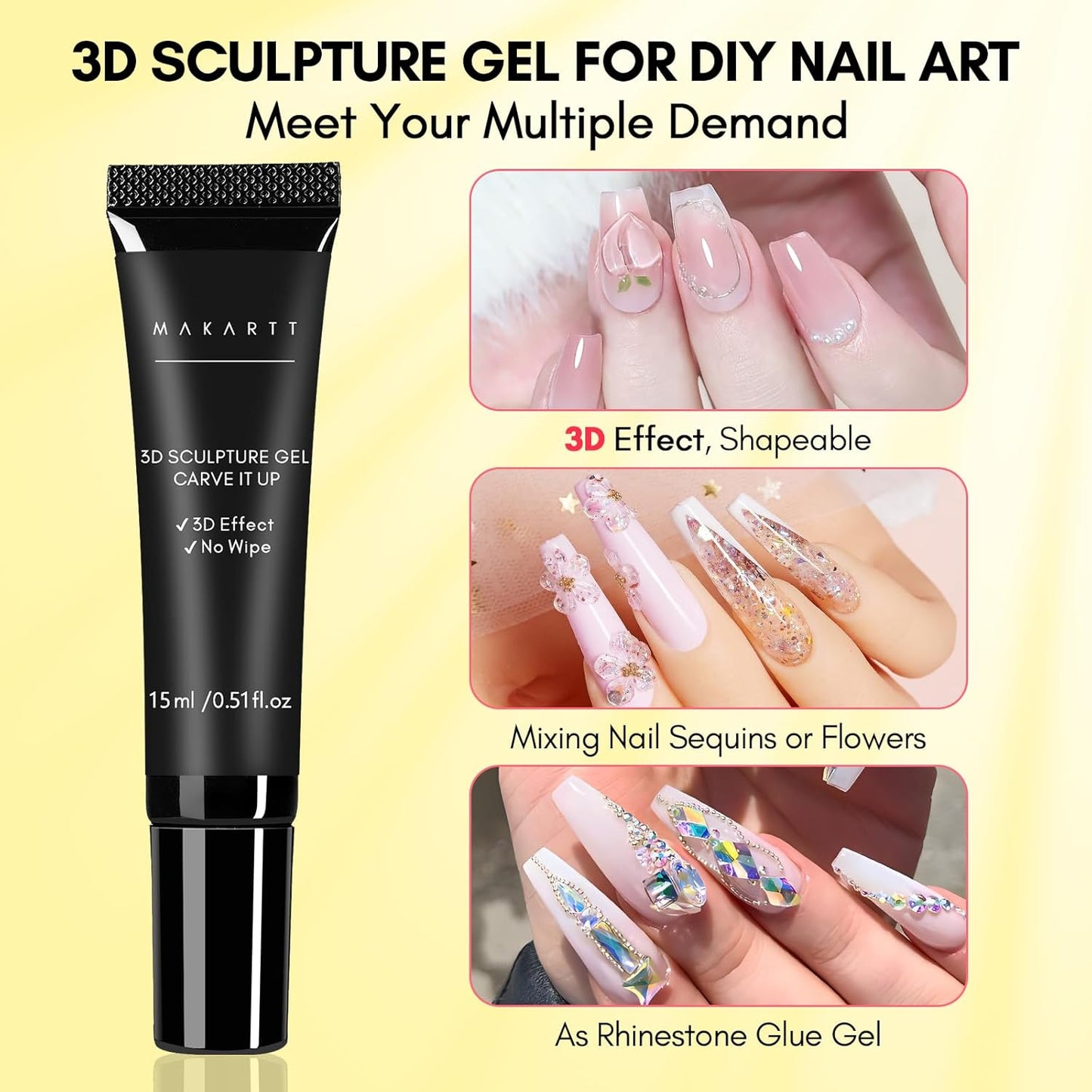 3D Gel - Nail Art Sculpting Gel Nail Glue 15G No Wipe Clear Gel Polish for Nail Designs and DIY Nail Art for Drawing, Molding, Sculpture and Decoration