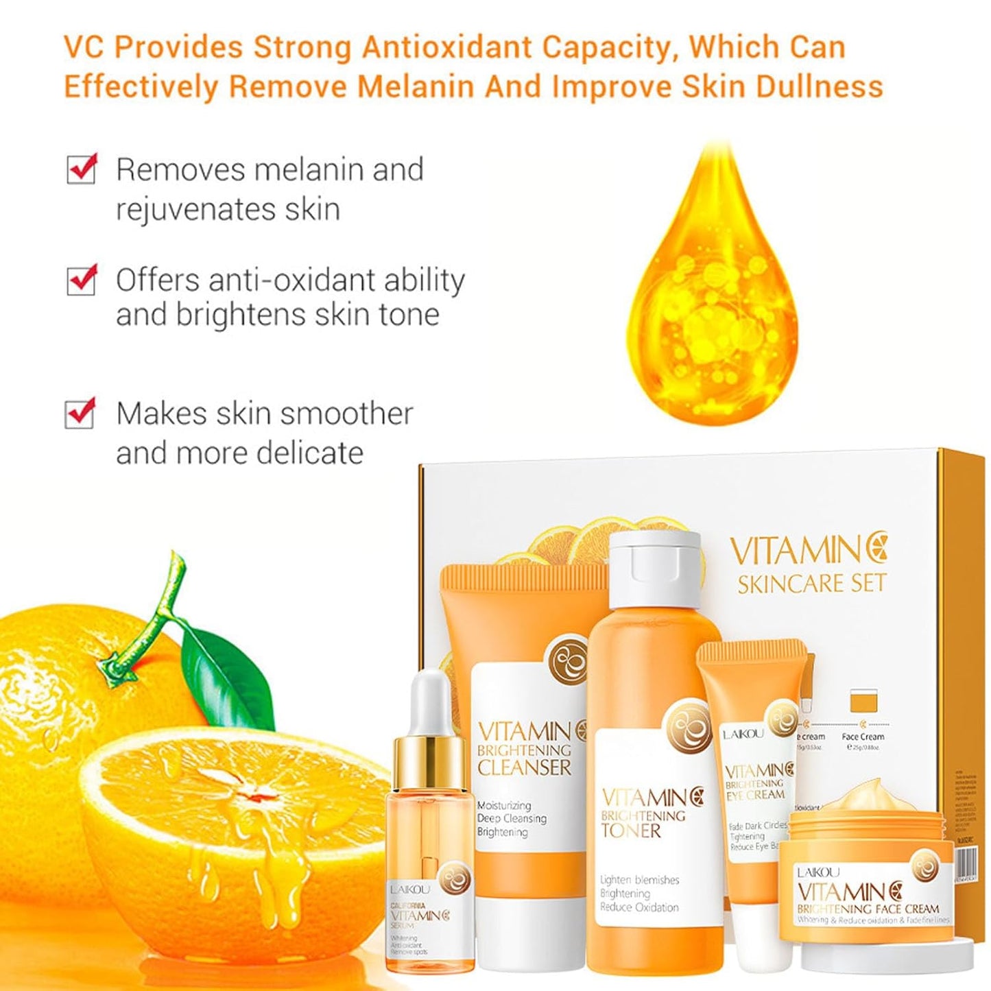 Vitamin C Skincare Set, 5-In-1 Skincare Gift Set with Cleanser, Toner, Face Serum, Face Cream, and Eye Cream, Skin Care Products for Teen Girls, Long-Lasting Moisturizing Skincare Set for Women Men