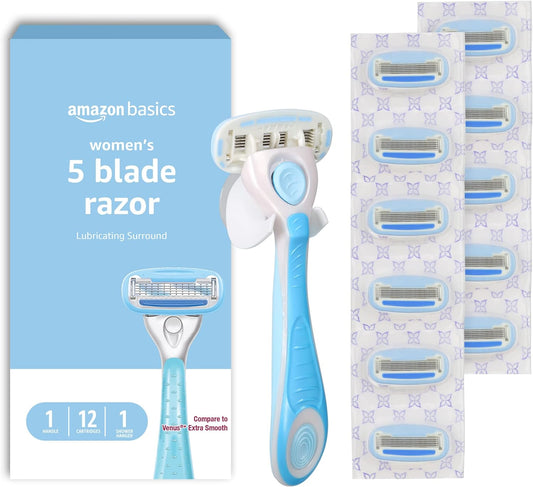 5-Blade Razor for Women, Handle, 12 Cartridges & Shower Hanger (Cartridges Fit  Razor Handles Only) 14 Piece Set, Blue