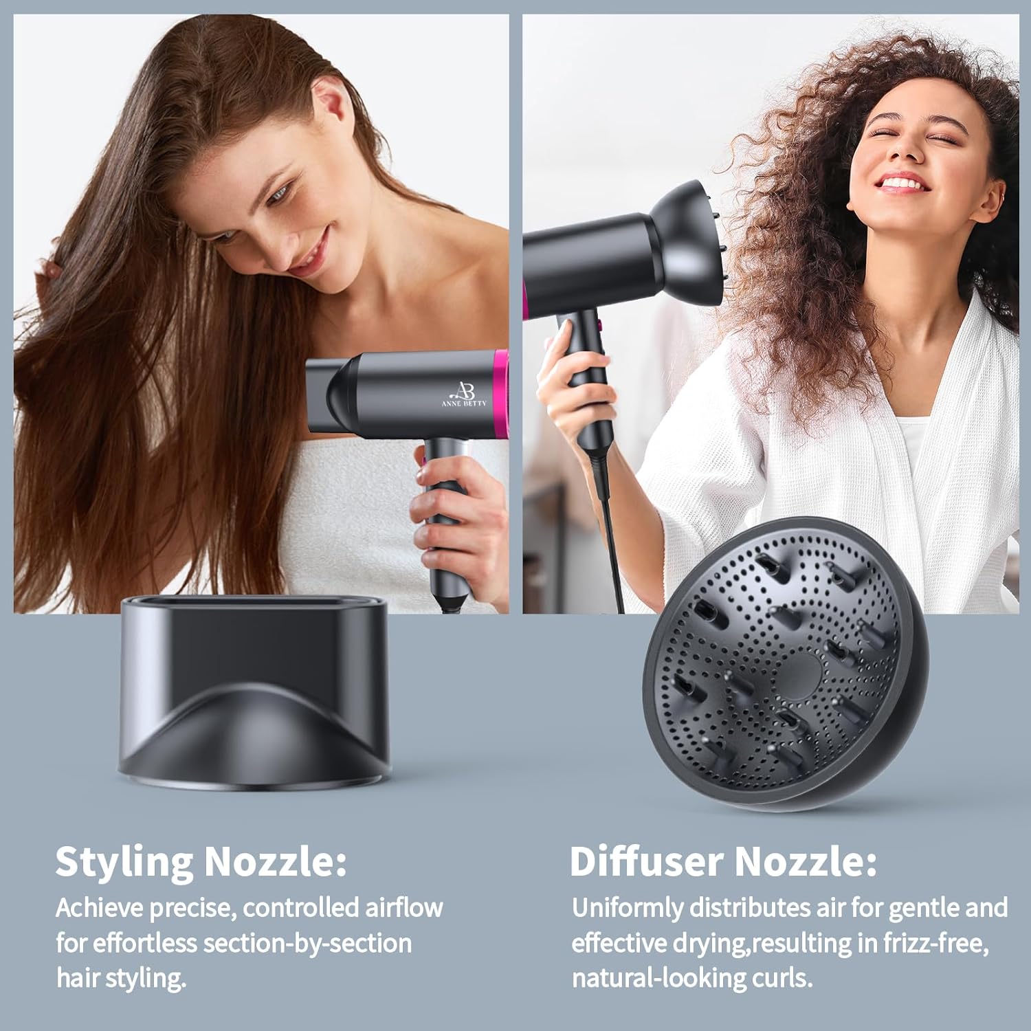 Hair Dryer with Diffuser, Portable Blow Dryer for Curly Hair for Women/Men, 1800 Watt Ionic Hairdryer, Blow Dryer with Nozzle for Fast Drying as Salon, Lightweight