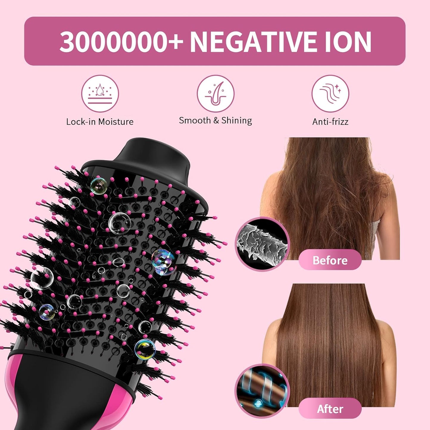 Hair Dryer and Blow Dryer Brush in One, 4 in 1 Hair Dryer and Styler Volumizer with Negative Ion Anti-Frizz Ceramic Titanium Barrel Hot Air Straightener Brush 75MM Oval Shape, Black/Pink