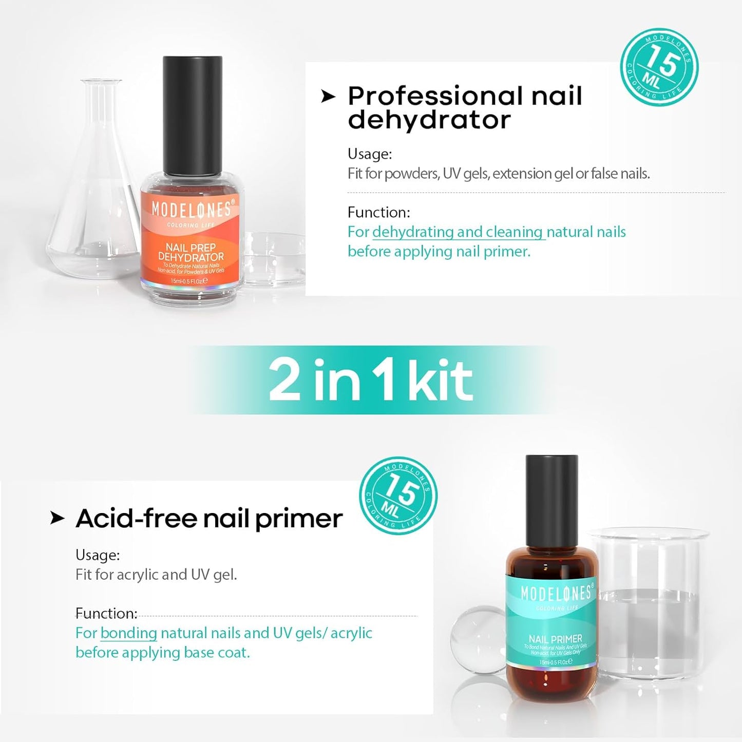 modelones 15 ml Nail Dehydrator and Primer, Acid Free Natural Nail Prep Dehydrate & Bond Primer Kit, Hema-Free Acrylic Nail Supplies Primer