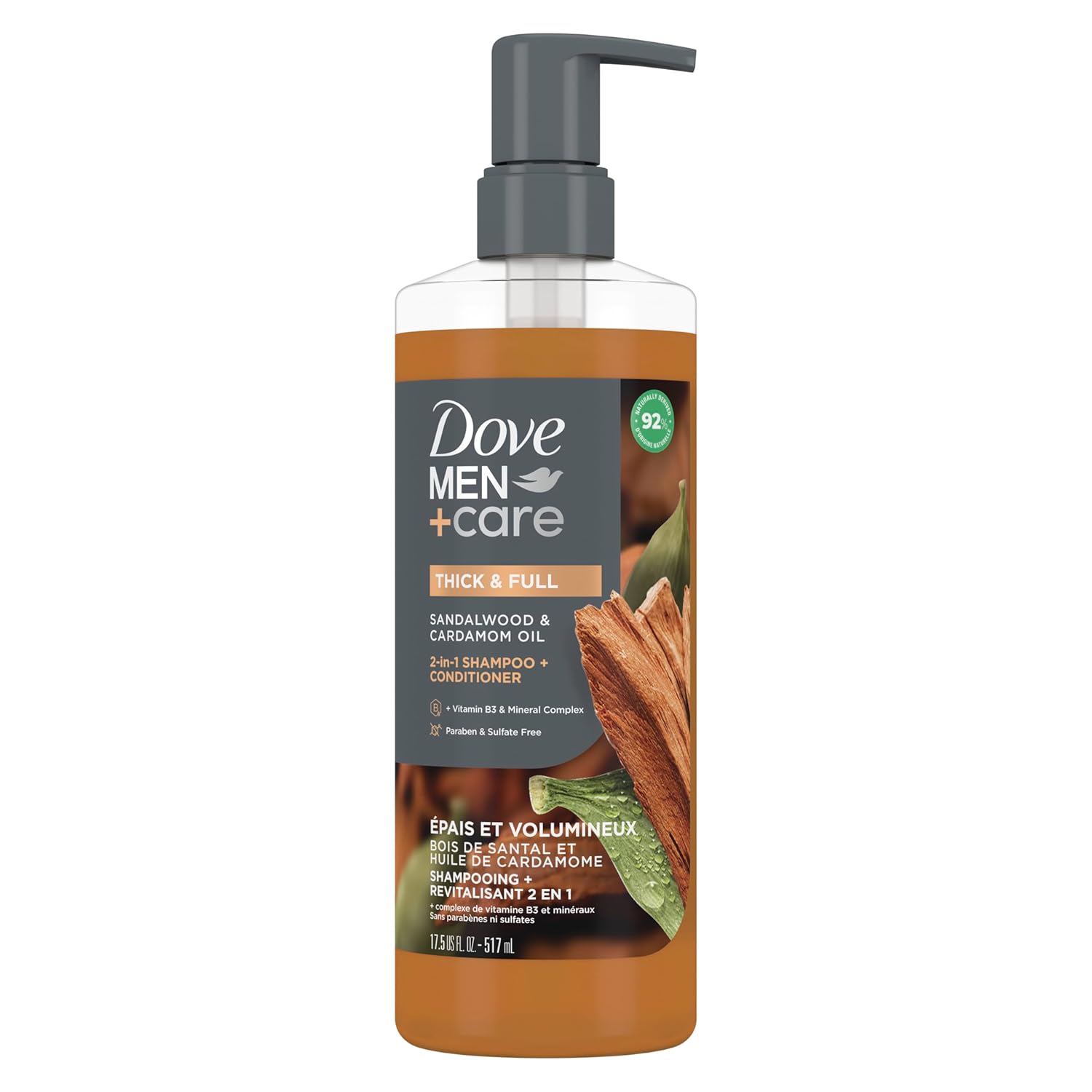 Dove Men+Care 2-In-1 Shampoo + Conditioner Sandalwood & Cardamom Oil for Thick & Full Hair, + Vitamin B3 & Mineral Complex, 17.5 Oz