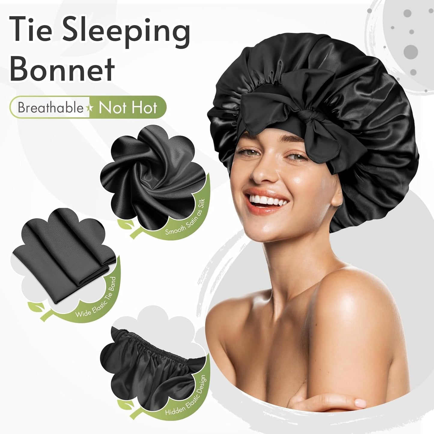 Silk Bonnet for Sleeping Women Satin Bonnet Hair Bonnet Night Sleep Cap Scarf Wrap for Curly Hair with Tie Band Black