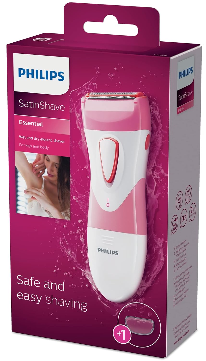 Beauty Satinshave Essential Women'S Wet & Dry Electric Shaver for Legs, Cordless, Pink and White, HP6306/50