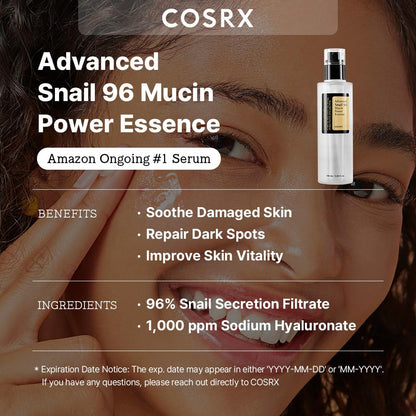 COSRX Snail Mucin 96% Power Repairing Essence 3.38 fl.oz 100ml, Hydrating Serum for Face with Snail Secretion Filtrate for Dull Skin & Fine Lines, Korean Skin Care