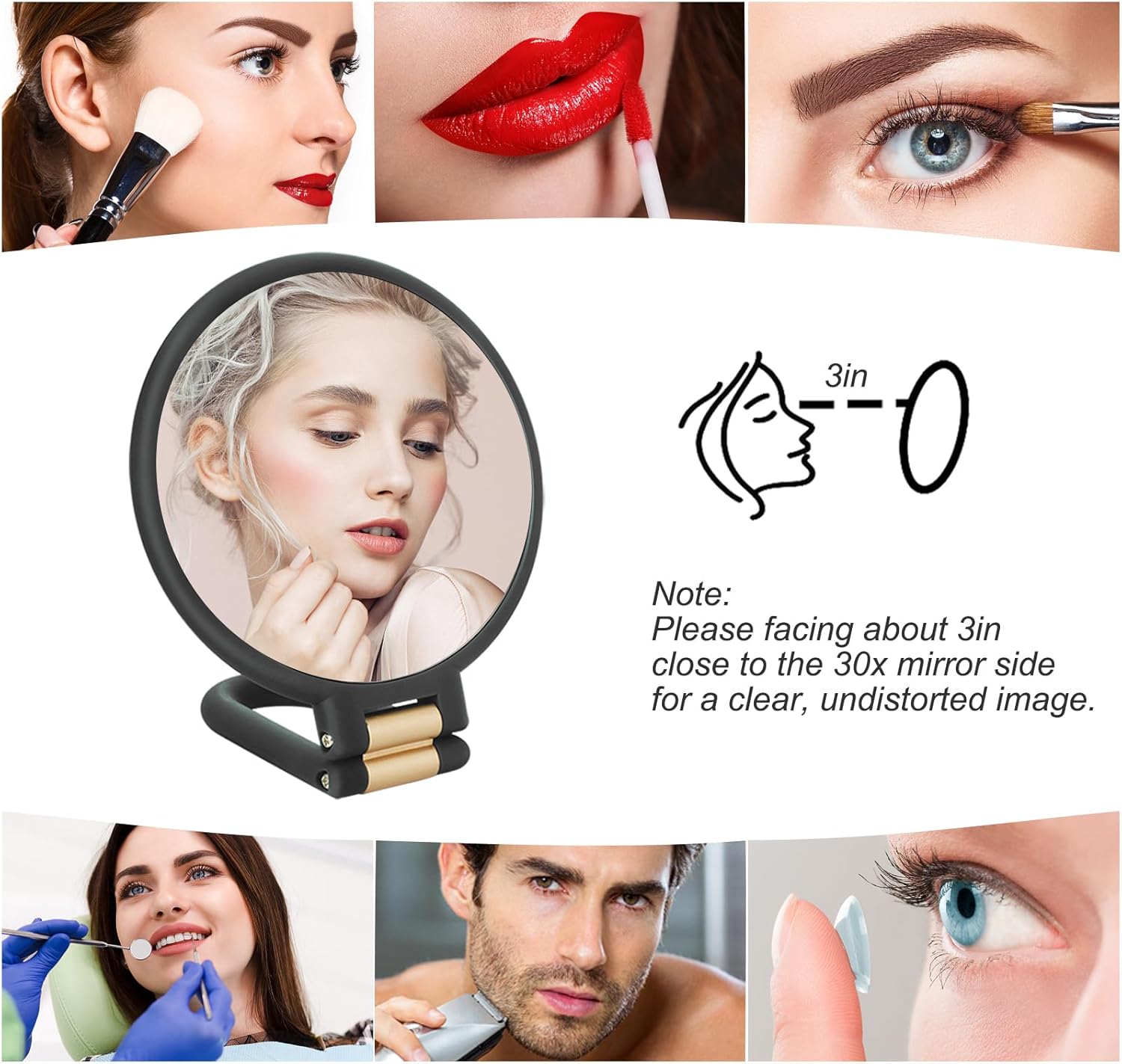 30X Magnifying Mirror, Travel Hand Mirrors with Handle - Double Side Handheld Mirror with 1X 30X Magnification & Adjustable Handle/Stand, Hand Held Foldable Travel Mirror for Makeup(Black)