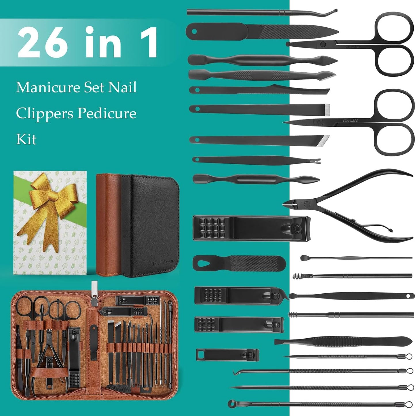 Manicure Set, Professional Nail Clippers Pedicure Kit 26 Pieces Nail Care Tools for Travel & Grooming (Black)