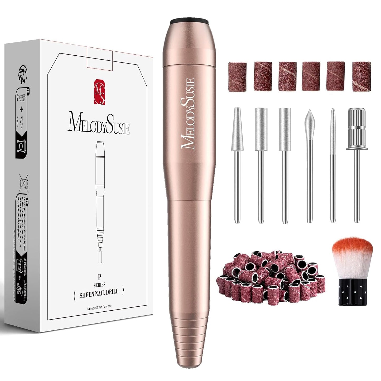 MelodySusie Electric Nail Drill Machine,PC120I Portable Electric Nail File Efile Set for Acrylic Gel Nails, Manicure Pedicure Tool with Nail Drill Bits Sanding Bands Dust Brush Gold