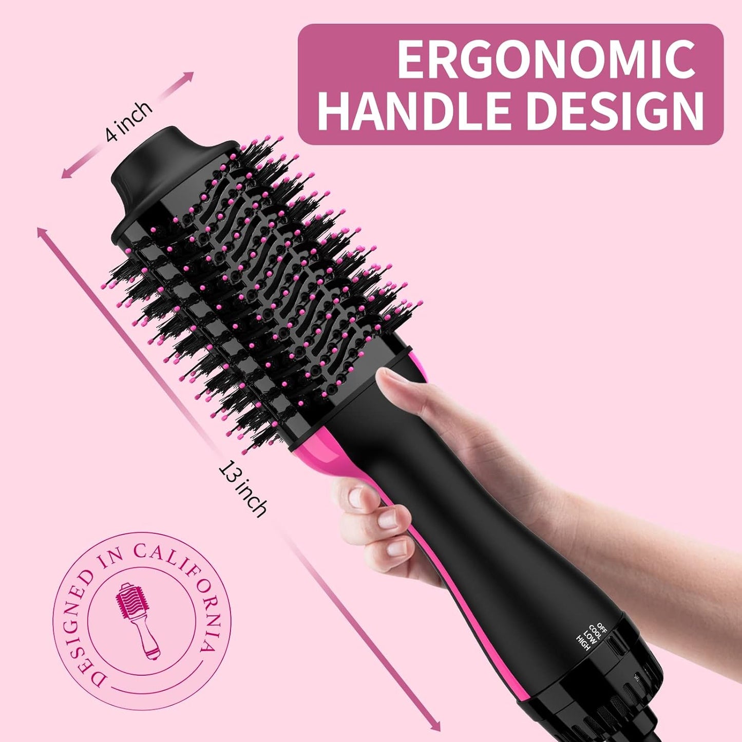 Hair Dryer and Blow Dryer Brush in One, 4 in 1 Hair Dryer and Styler Volumizer with Negative Ion Anti-Frizz Ceramic Titanium Barrel Hot Air Straightener Brush 75MM Oval Shape, Black/Pink