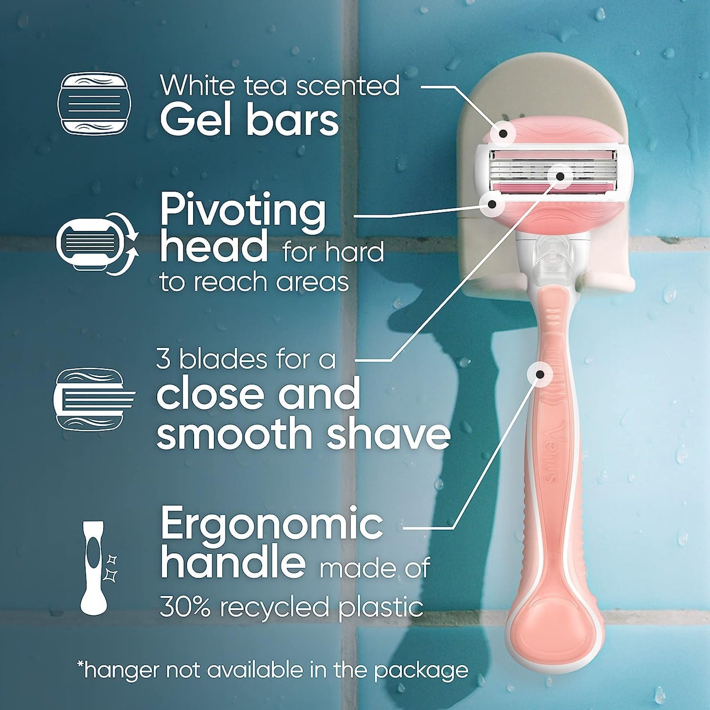 Comfortglide Razors for Women, 1 Venus Razor, 4 Razor Blade Refills, White Tea Scented Gel Bars