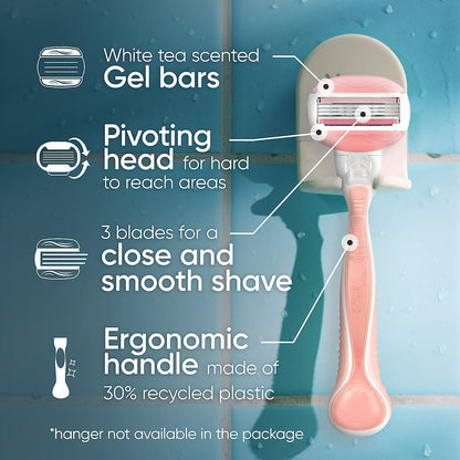 Comfortglide Razors for Women, 1 Venus Razor, 4 Razor Blade Refills, White Tea Scented Gel Bars