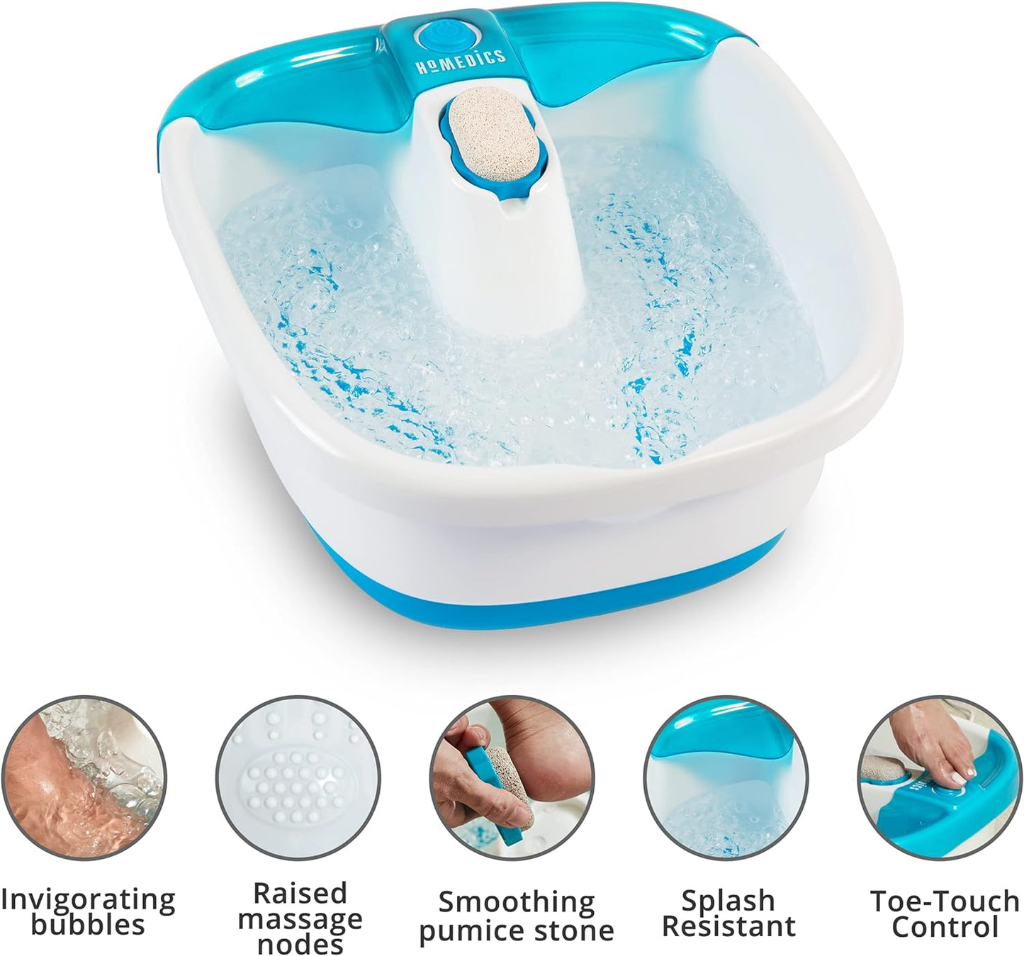 Homedics Bubble Mate Foot Spa, Toe Touch Controlled Foot Bath with Invigorating Bubbles and Splash Proof, Raised Massage nodes and Removable Pumice Stone