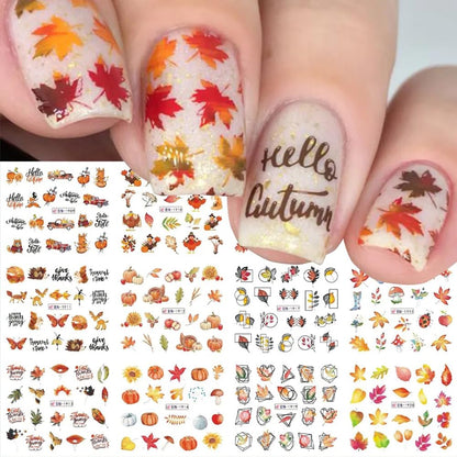 Fall Leaf Nail Art Stickers,  Maple Leaf Nail Decals Autumn Nail Art Supplies Cute Maple Leaves Turkeys Squirrels Pumpkins Water Decals for Women Thanksgiving Day Nail Art Decorations