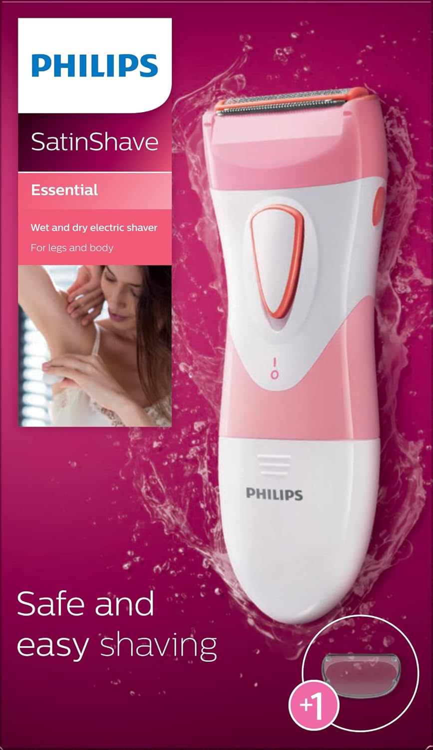 Beauty Satinshave Essential Women'S Wet & Dry Electric Shaver for Legs, Cordless, Pink and White, HP6306/50