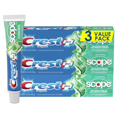 + Scope Complete Whitening Toothpaste - Pack of 3, 5.4 Oz Tubes - Anticavity Fluoride Toothpaste - Fresh Breath, Kills Germs - Tartar Protection, Enamel Protection - Minty Fresh Flavor