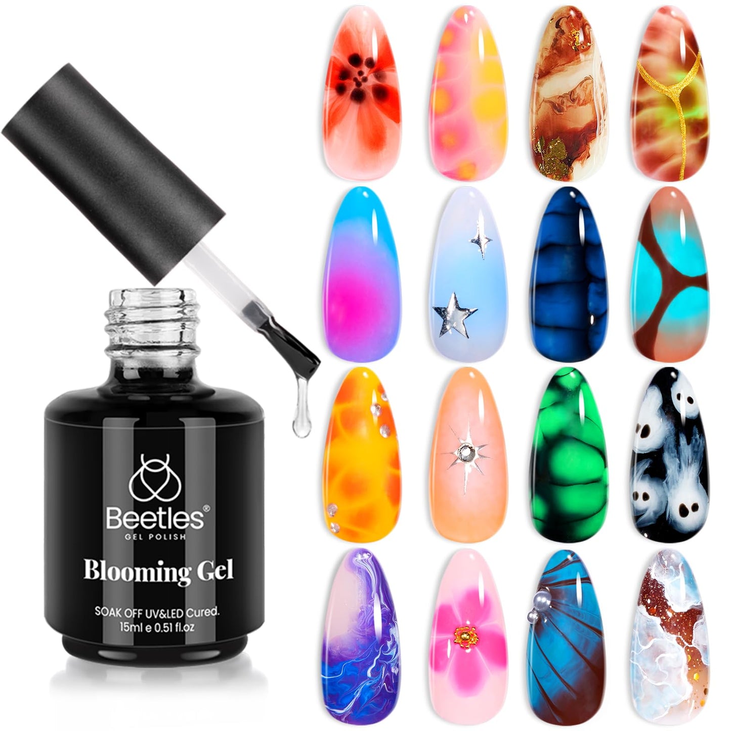 Beetles Nail Blooming Gel 15ml Clear Uv Led Blossom Gel Polish for Spreading Effect Marble Natural Stone Watercolor Floral Print Soak off Nail Gel Diy Nail Art Design Manicure Gift for Women