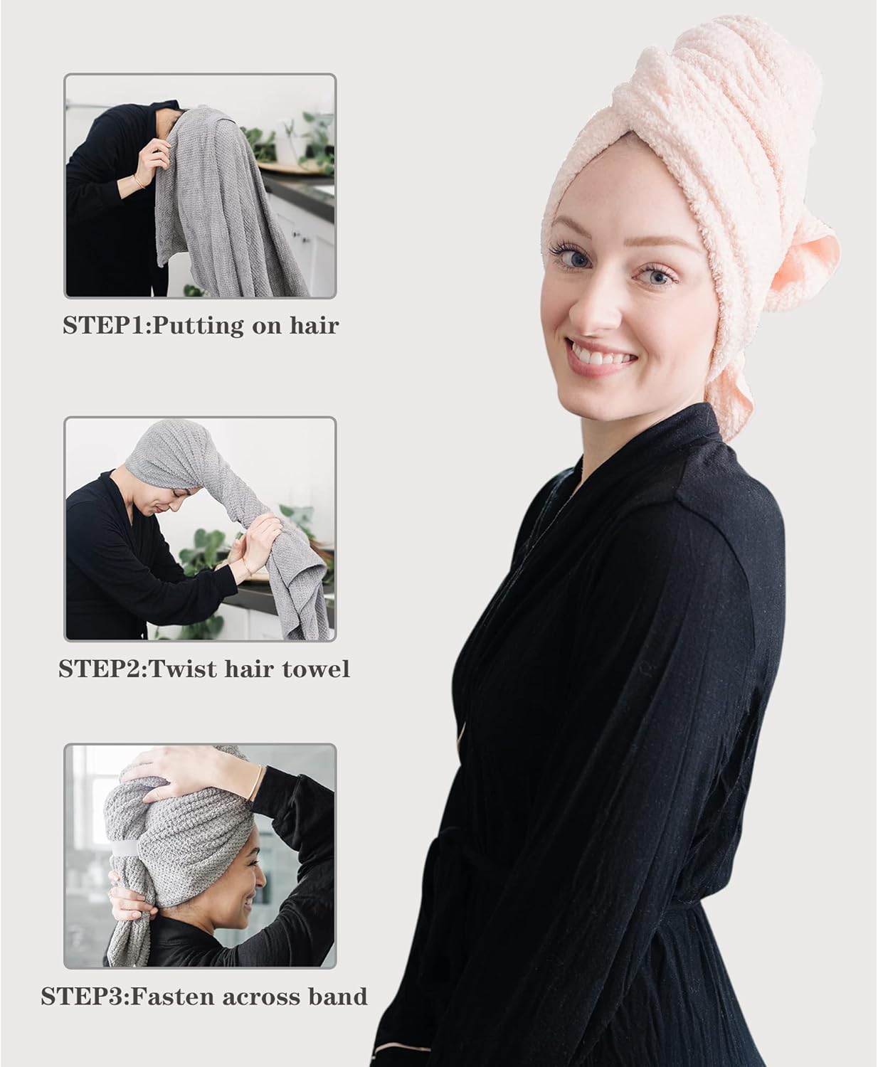 2 Packs Large Microfiber Hair Towels for Women, Super Absorbent & Quick Dry Hair Towel Wrap for Curly Hair Long & Short Hair- Anti-Frizz Hair Turbans for Wet Hair (Gray & Pink) - 27.5''*39.4''