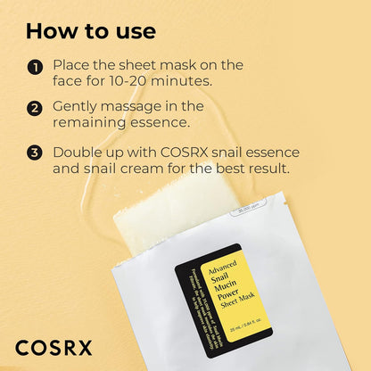 COSRX Snail Mucin Sheet Mask 10 EA with Snail Mucin Serum, Self Care, Face Masks for Dry, Sensitive Skin, Not Tested on Animals, No Parabens, No Sulfates, Korean Skin Care