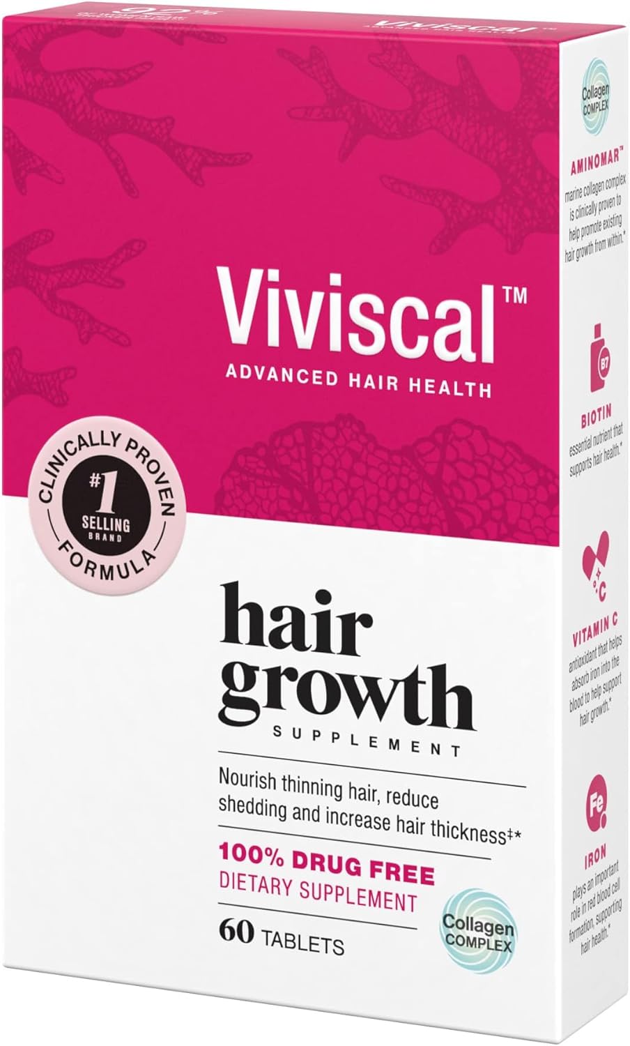 Hair Growth Supplements for Women to Grow Thicker, Fuller Hair, Clinically Proven with Proprietary Collagen Complex, 60 Count (Pack of 1), 1 Month Supply