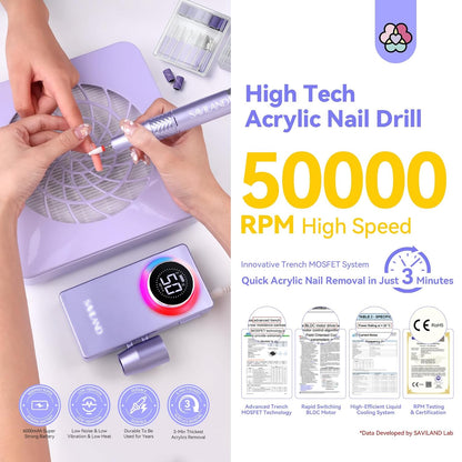 SAVILAND 50000RPM Nail Drill for Acrylic: 2024 Pro High Tech Fast Removal Electric Nails Drill Kit 6000mAh Rechargeable Machine Professional Drill Bit Nail File Buffer Tools Salon Manicure Pedicure