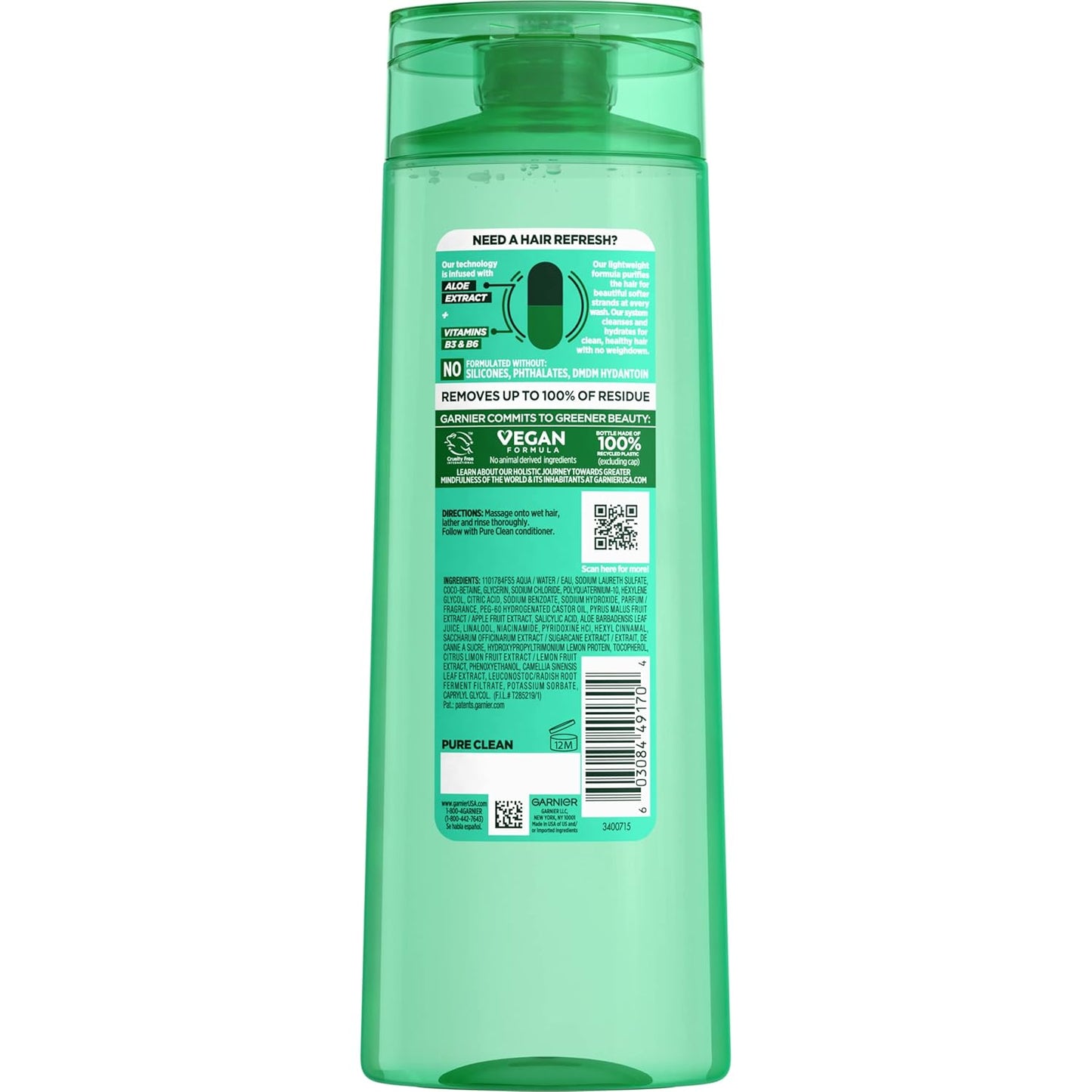 Fructis Pure Clean Purifying Shampoo, Silicone-Free, 12.5 Fl Oz, 1 Count (Packaging May Vary)