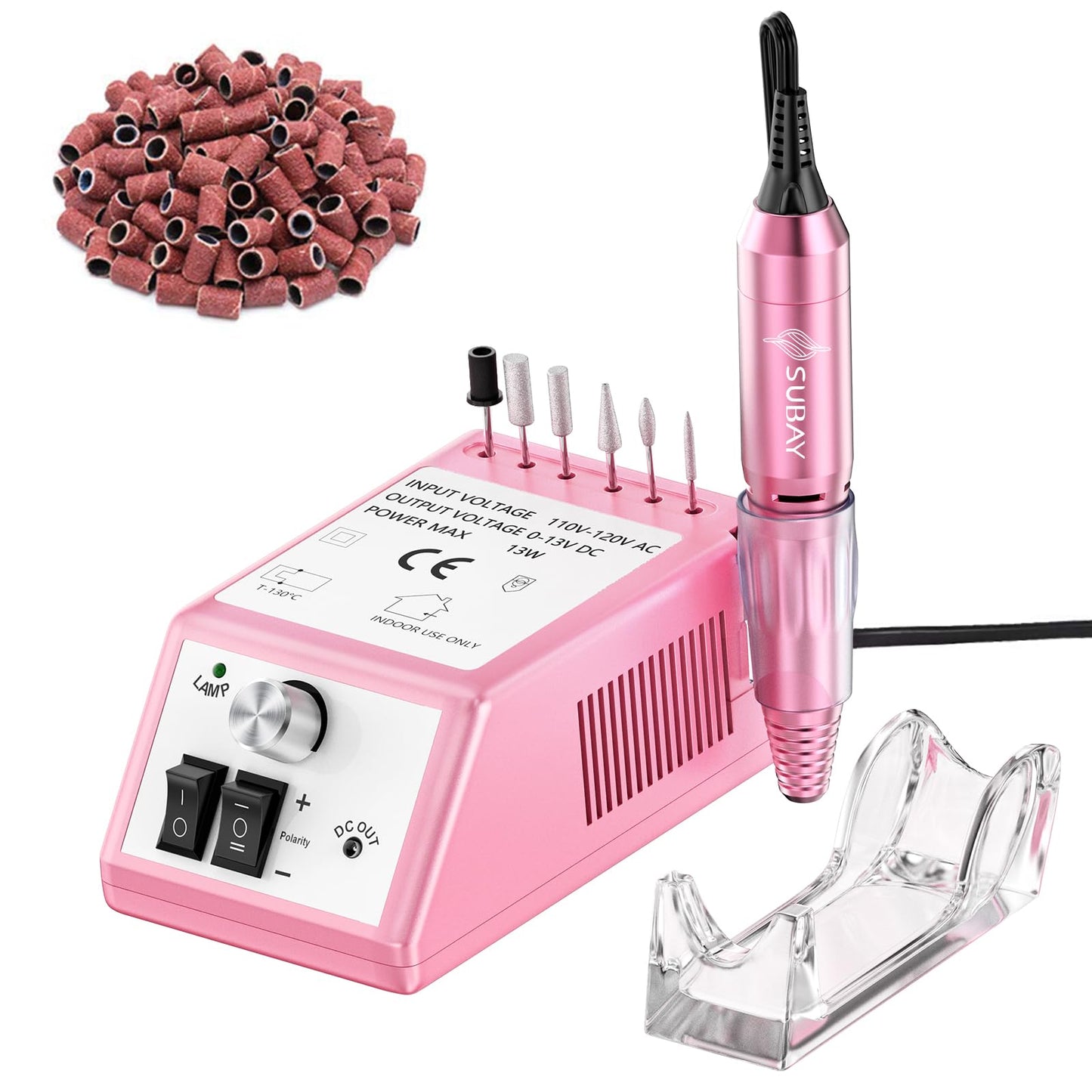 Subay Professional Finger Toe Nail Care Electric Nail Drill Machine Manicure Pedicure Kit Electric Nail Art File Drill with 1 Pack of Sanding Bands (Pink)