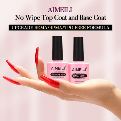 AIMEILI Gel Nail Polish No Wipe Top and Base Coat Set, Shine Finish and Long Lasting, Soak Off Gel Nail Lacquer - 2 x 10ml