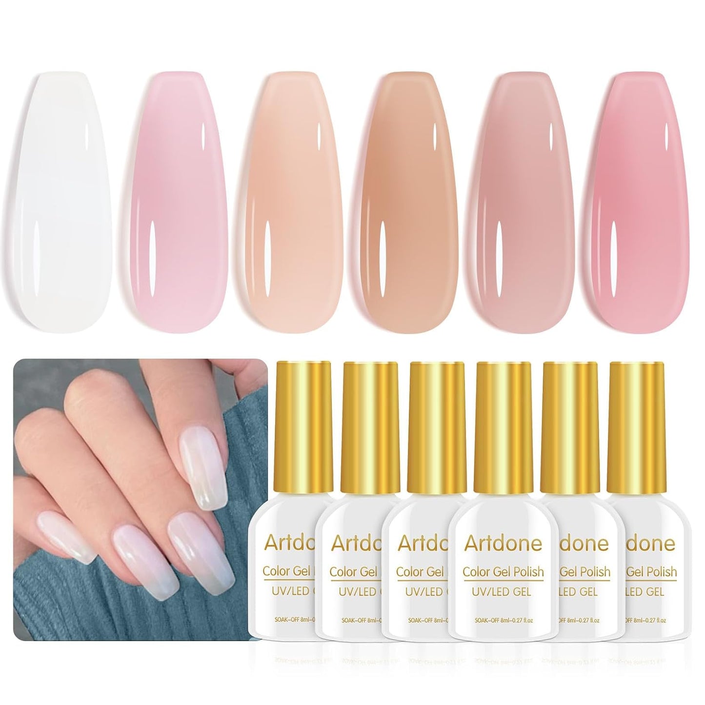 Artdone Sheer Gel Nail Polish Set Jelly UV Gel 6 Colors Translucent Milky White Pink Nude Brown Colors Nail Polish For All Seasons Neutral Soak off LED Lamp Gel Manicure Kit For Nail Art