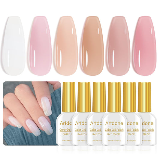 Artdone Sheer Gel Nail Polish Set Jelly UV Gel 6 Colors Translucent Milky White Pink Nude Brown Colors Nail Polish For All Seasons Neutral Soak off LED Lamp Gel Manicure Kit For Nail Art