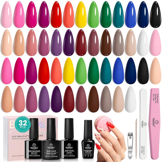 Beetles Gel Nail Polish 25 Colors Gel Polish Set Nude Blue Pink Red Gel Polish Chic Outfits Collection with 3Pcs Base Top Coat Gel Fall Manicure Kit Salon DIY Home Gift for Women Girls