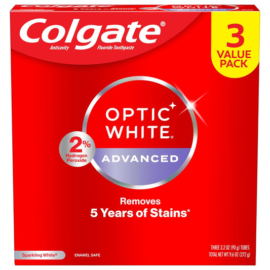 Optic White Advanced Hydrogen Peroxide Toothpaste, Teeth Whitening Toothpaste Pack, Enamel-Safe Formula, Helps Remove Tea, Coffee, and Wine Stains, Sparkling White, 3 Pack, 3.2 Oz