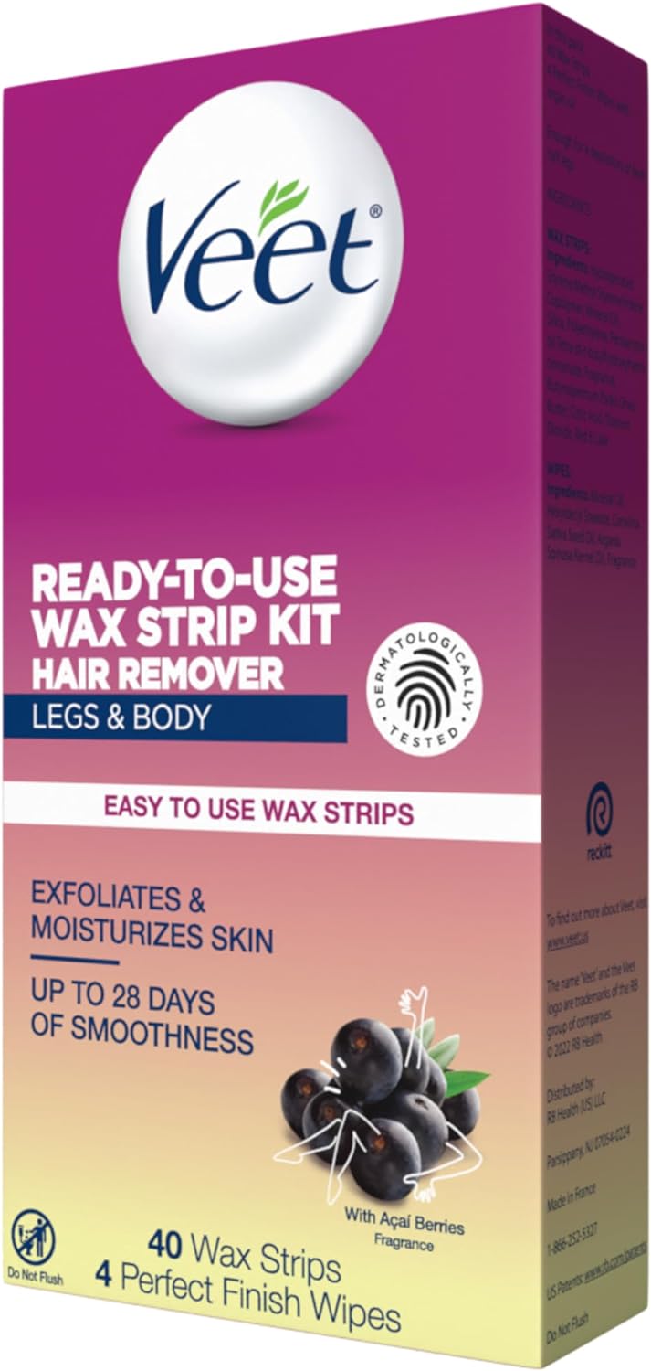 Ready-To-Use Waxing Kit for Women | Wax Strips for Body Hair Removal, Wax Kit for Ingrown Hair Treatment, Personal Care Product, Hair Remover | 40Ct Waxing Strips, 4Ct Body Wipes