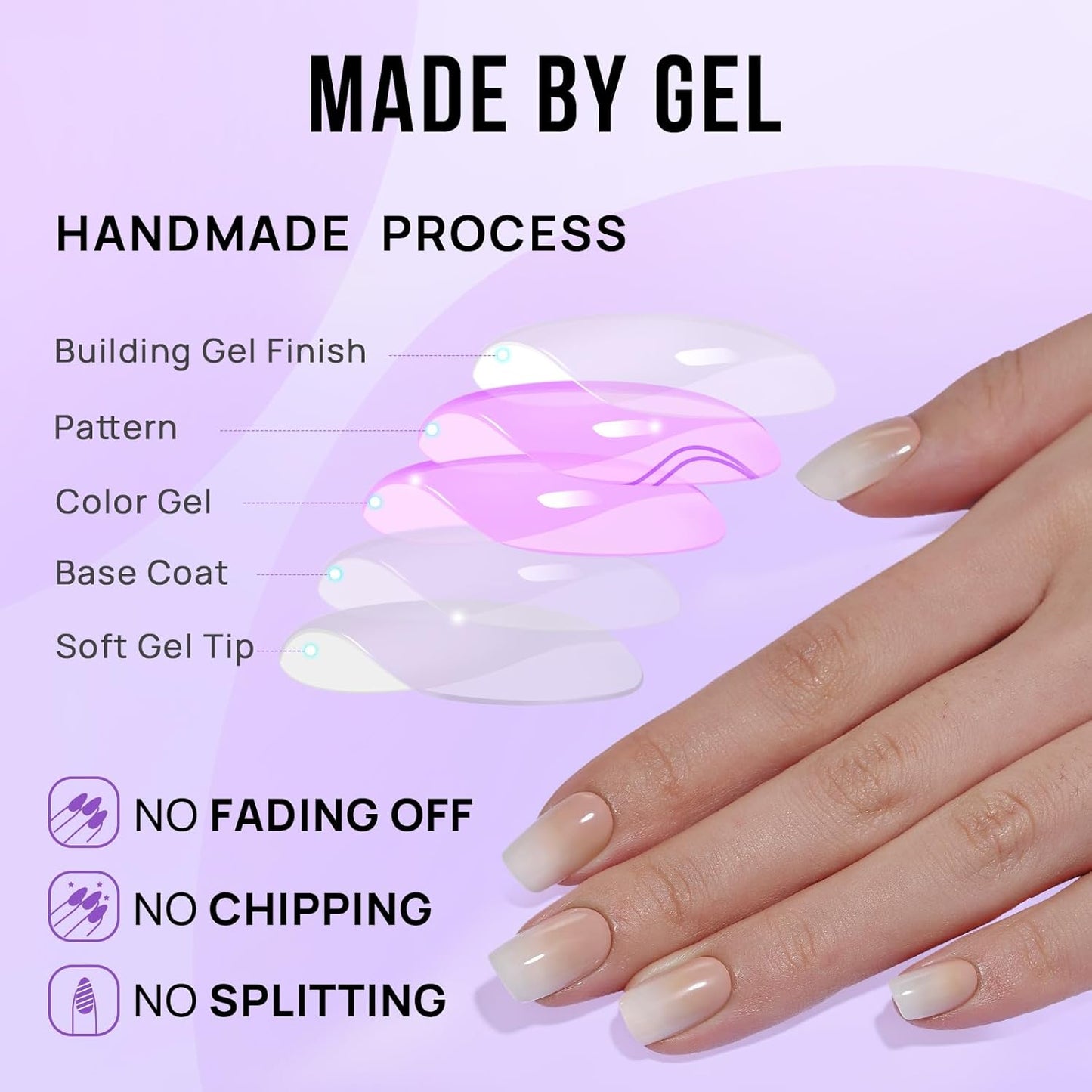 Square Ombre Press on Nails - Soft Gel Press on Nails Short with Nail Glue, 15 Sizes - 30 Reusable Fake Nails Kit, Vanilla Cream