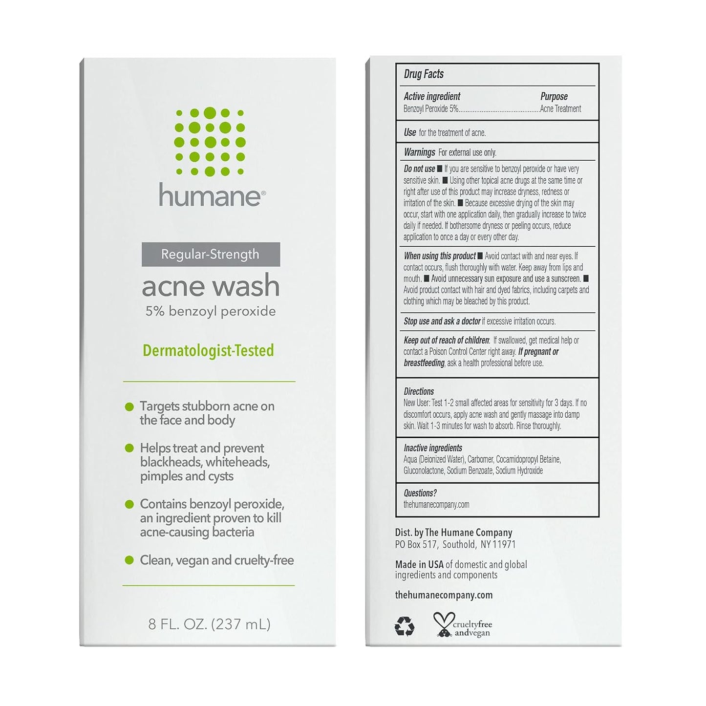 Regular-Strength Acne Wash - 5% Benzoyl Peroxide Acne Treatment for Face, Skin, Back and Body - 8 Fl Oz - Dermatologist-Tested Non-Foaming Cleanser - Vegan, Cruelty-Free