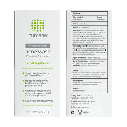 Regular-Strength Acne Wash - 5% Benzoyl Peroxide Acne Treatment for Face, Skin, Back and Body - 8 Fl Oz - Dermatologist-Tested Non-Foaming Cleanser - Vegan, Cruelty-Free