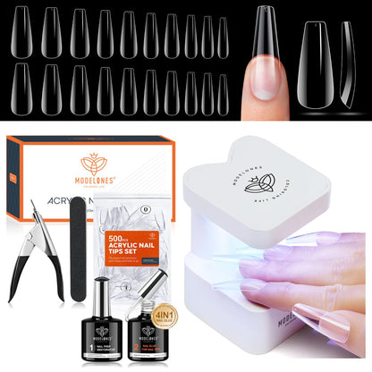 Gel X Nail Kit, Nail Tips and Glue Gel Kit with 4-In-One Nail Glue Gel, 500Pcs Long Coffin Nail, Nail Dehydrator, Ultra-Portable LED Nail Lamp, Gel Nail Extension Kit Salon Gifts for Women