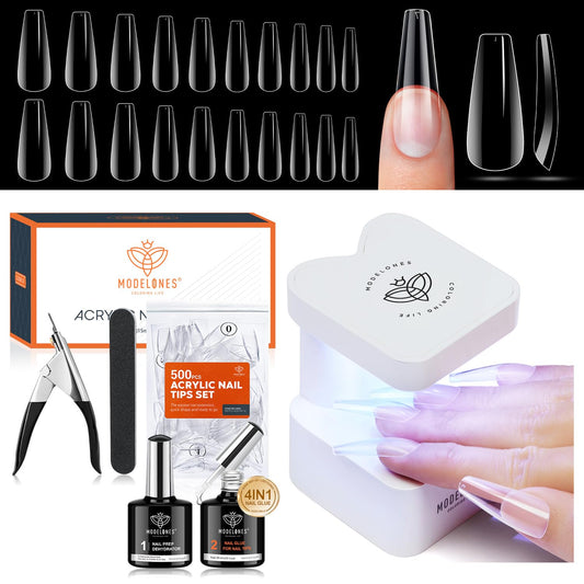 Gel X Nail Kit, Nail Tips and Glue Gel Kit with 4-In-One Nail Glue Gel, 500Pcs Long Coffin Nail, Nail Dehydrator, Ultra-Portable LED Nail Lamp, Gel Nail Extension Kit Salon Gifts for Women