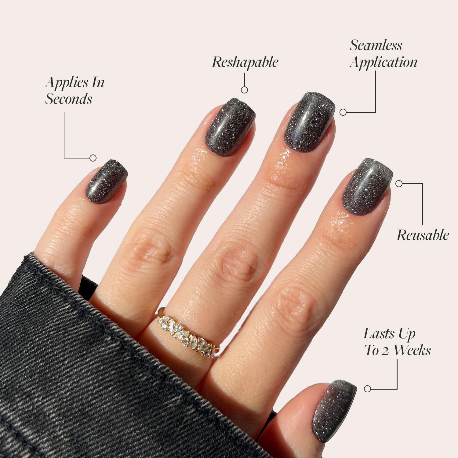 Press on Nails - Cosmic | Semi-Transparent Sparkly Black Short Squoval Fake Nails with a Glossy Finish, Reusable | 15 Sizes - 30 Nail Kit with Glue