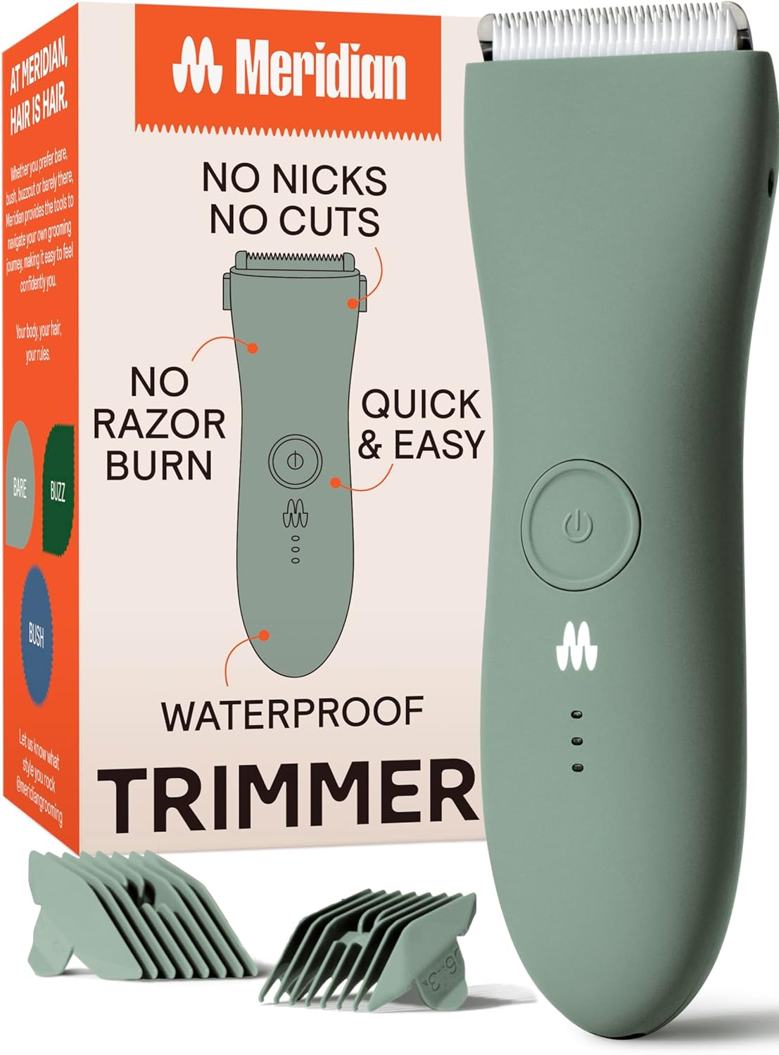 MERIDIAN Body Hair Trimmer for Men, Bikini Trimmer for Women, Ball Trimmer Men, Pubic Hair, No Nick, No Cut, No Razor Burn, Groin and Body Shaver - Waterproof & Rechargeable Body Groomer - Sage