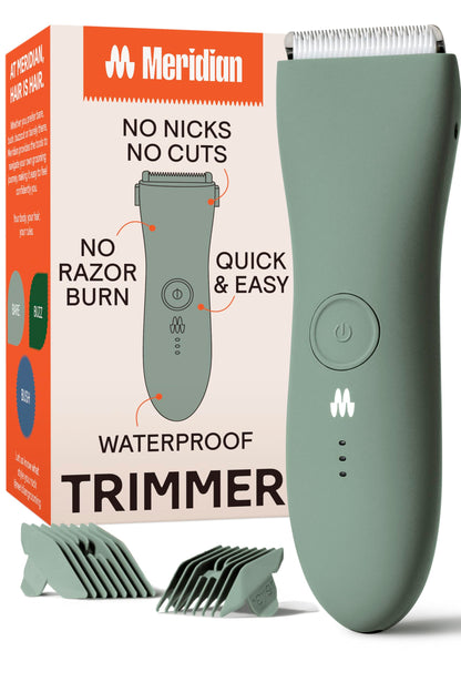 MERIDIAN Body Hair Trimmer for Men, Bikini Trimmer for Women, Ball Trimmer Men, Pubic Hair, No Nick, No Cut, No Razor Burn, Groin and Body Shaver - Waterproof & Rechargeable Body Groomer - Sage