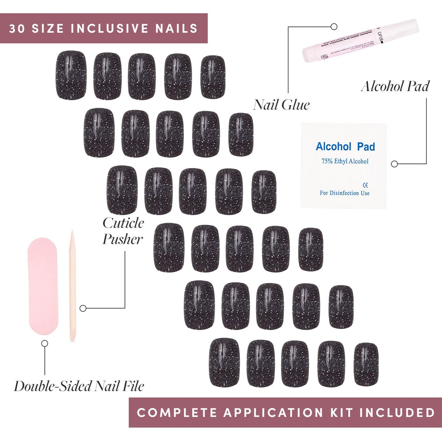 Press on Nails - Cosmic | Semi-Transparent Sparkly Black Short Squoval Fake Nails with a Glossy Finish, Reusable | 15 Sizes - 30 Nail Kit with Glue