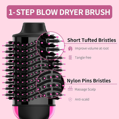 Hair Dryer and Blow Dryer Brush in One, 4 in 1 Hair Dryer and Styler Volumizer with Negative Ion Anti-Frizz Ceramic Titanium Barrel Hot Air Straightener Brush 75MM Oval Shape, Black/Pink