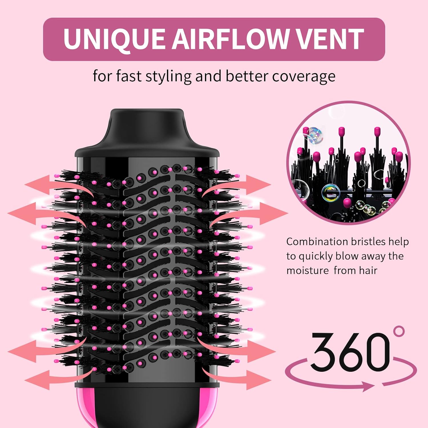 Hair Dryer and Blow Dryer Brush in One, 4 in 1 Hair Dryer and Styler Volumizer with Negative Ion Anti-Frizz Ceramic Titanium Barrel Hot Air Straightener Brush 75MM Oval Shape, Black/Pink