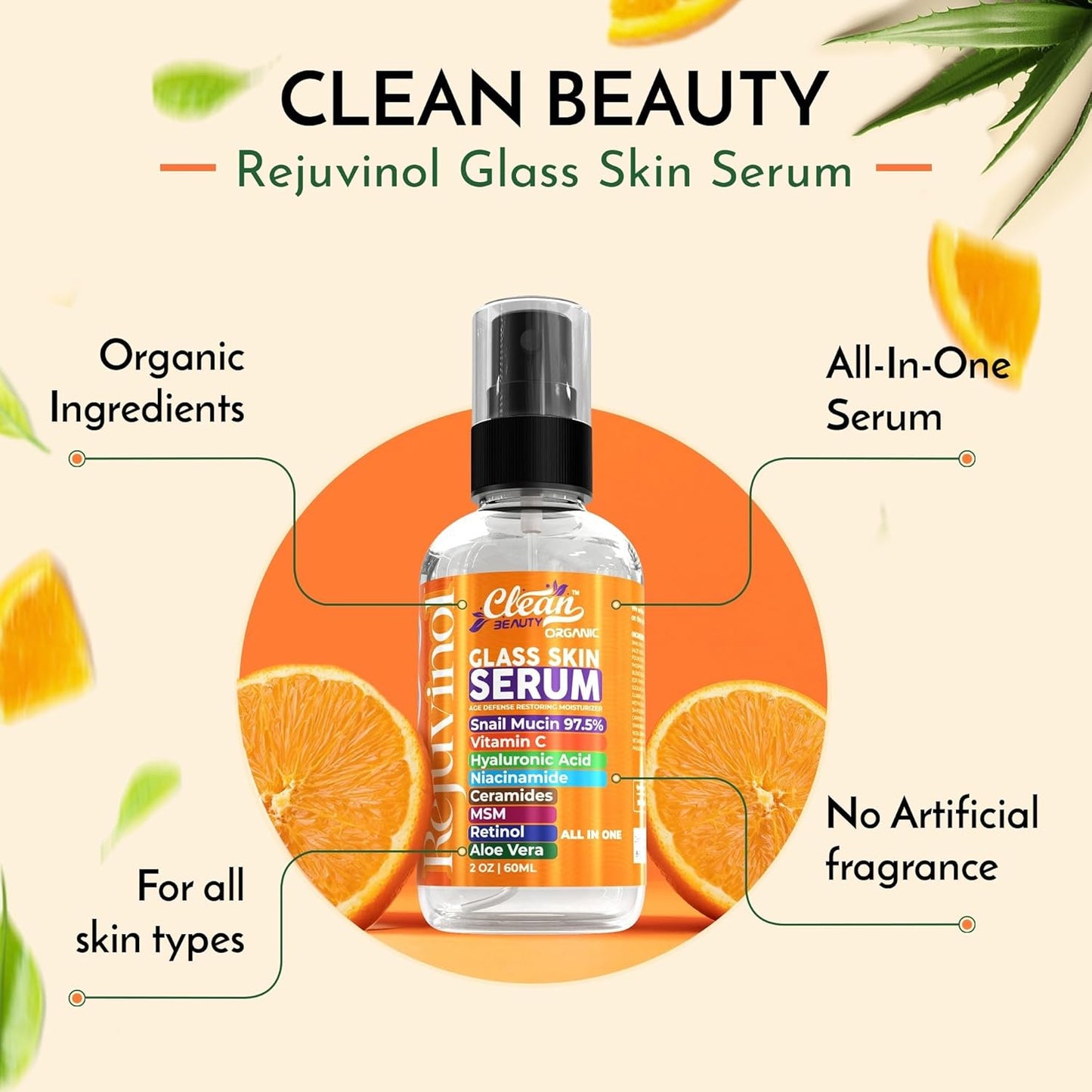 Snail Mucin Serum Vitamin C Face Serum Anti Aging with Hyaluronic Acid, Niacinamide, Retinol, MSM, Aloe Vera & Ceramides - Korean Skin Care Glass Skin Dark Spot Remover for Glowing Skin & Beauty