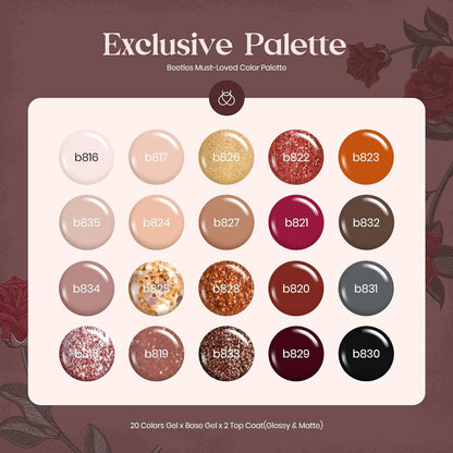 Beetles 23Pcs Gel Nail Polish Kit, 20 Fall Colors Nude Pink Brown Burgundy Red Gel Polish Set with Base Top Coat Verse of Roses Kit, Soak off Uv Golden Glitter Holiday Nail Gel