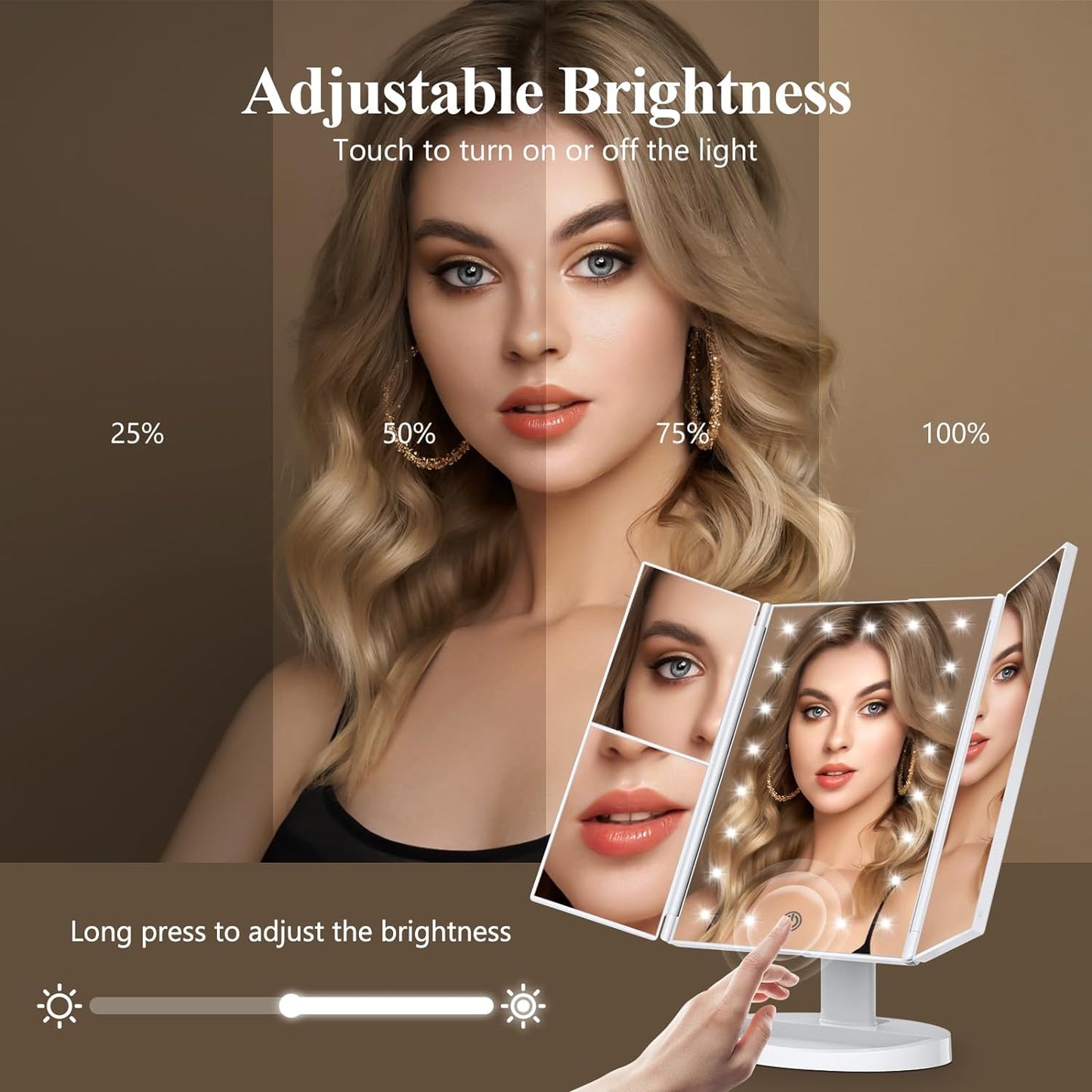 Makeup Mirror Vanity Mirror with Lights, 2X 3X 10X Magnification, Lighted Makeup Mirror, Touch Control, Trifold Makeup Mirror, Dual Power Supply, Portable LED Makeup Mirror, Women Gift (White)