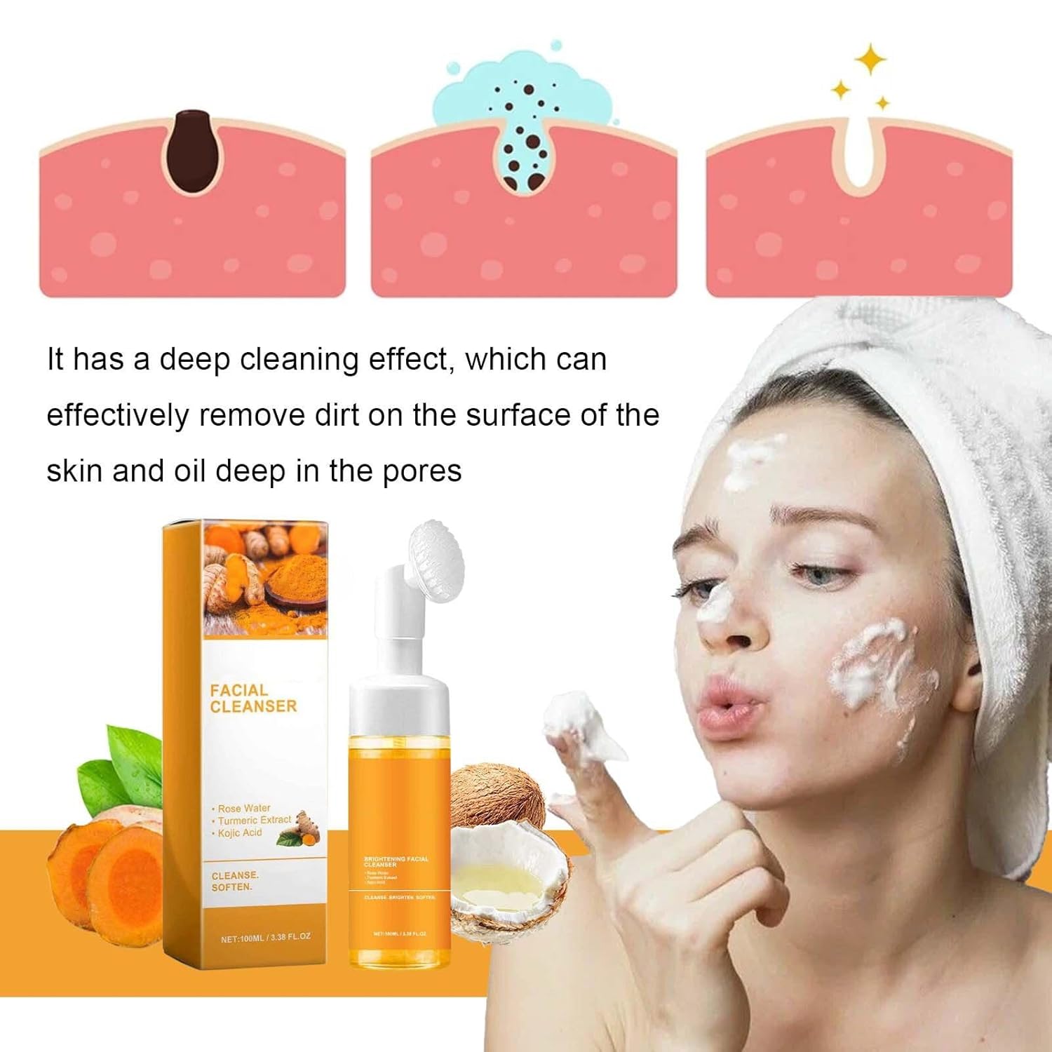 2PCS Turmeric Facial Cleanser, Turmeric Face Wash, Foaming Face Wash, Deep Cleaning, Moisturizing, Easy to Use, Turmeric Foaming Cleanser for Oil, Dry and All Skin