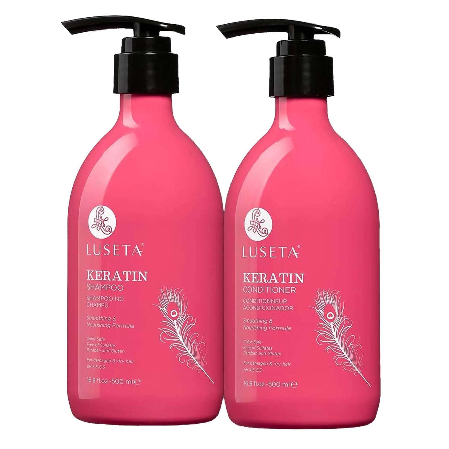 Luseta Keratin Shampoo and Conditioner for Color Treated Damaged & Dry Hair, Keratin Hair Treatment for Smoothing& Nourishing, Free of Sulfates, Paraben and Gluten 2 X 16.9Oz