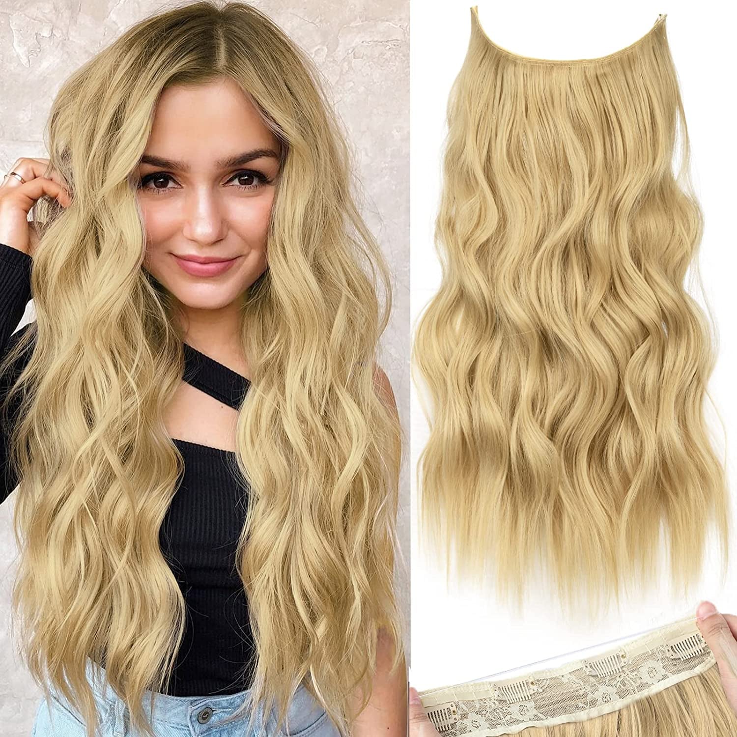 Invisible Wire Hair Extensions with Transparent Wire Adjustable Size Long Wavy Synthetic Hairpiece Golden Blonde 20 Inch with 4 Secure Clips for Women